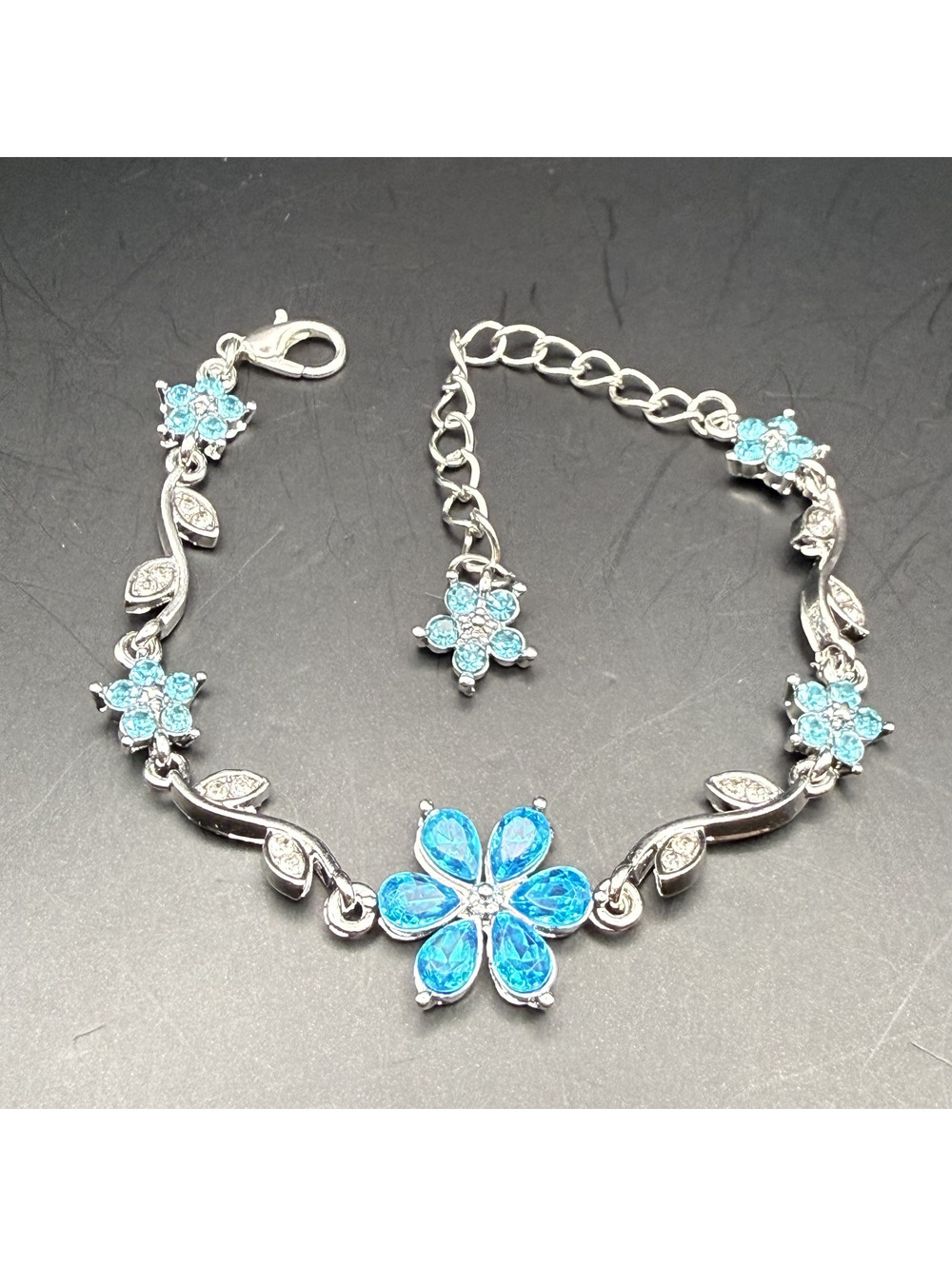candy+clover aqua sakura floral silver tone station bracelet
